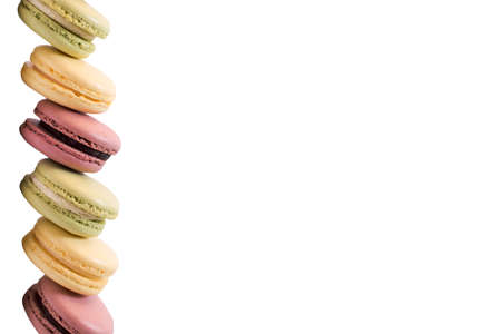 Sweet Tasty Macaroons Isolated on White Background with space for textの写真素材