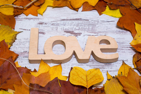 Wooden love sign on shabby white wooden background, with yellow leaves. Autumn concept. Top view.