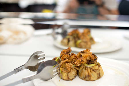 Stuffed pancake bags with meat and onion.の写真素材