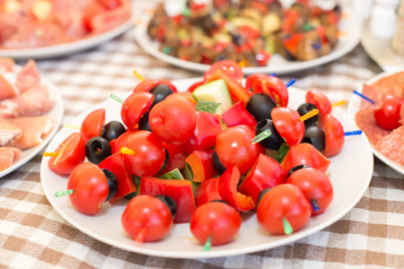 Set of tasty canape, on a plate of greens, tomatoes, peppers, cheese.の写真素材