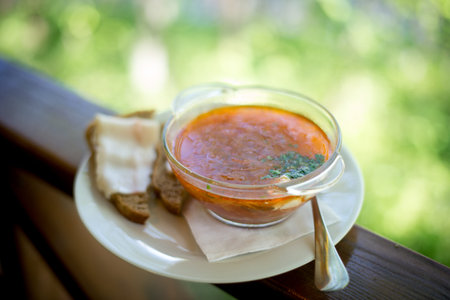 Sour cream, sandwich with salted lard, borscht with parsley and sour cream in white plate, spoon on wooden table. Top viewの写真素材