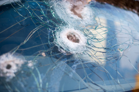 Bullet hole on a car windshield. Car window after a raid has a bullet hole. Broken glass. Bullet...