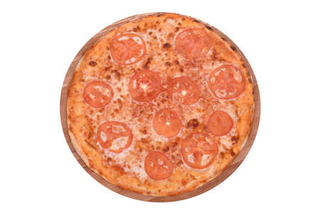 Pizza Margherita on a wooden platter. Isolated on white. Italian Pizza Margherita with tomatoes, gauda cheese and mozzarella. View from aboveの写真素材