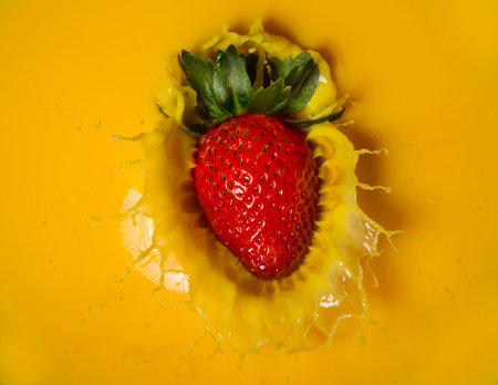 Strawberry falling on a yellow liquidの写真素材