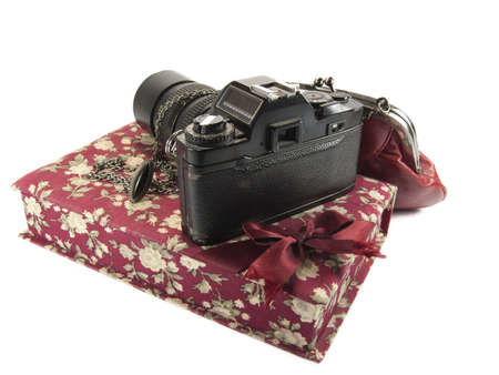 Vintage jewelry box and camera isolated on the wihiteの写真素材