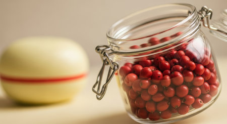 Cranberries in a glass jar and a soap on a light backgroundの素材