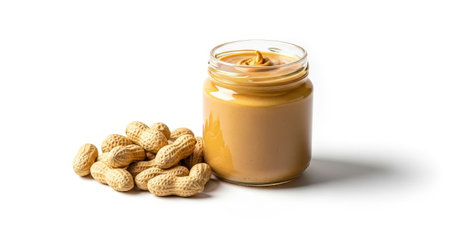 Peanut butter in a glass jar with peanuts on a white backgroundの素材