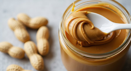 Peanut butter in a glass jar with peanuts on a light backgroundの素材