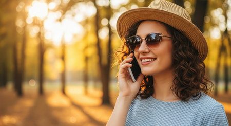 happy young woman in hat and sunglasses talking on smartphone in autumn parkの素材