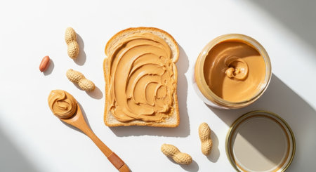 Peanut butter on toast with spoon and peanut butter jar on white backgroundの素材