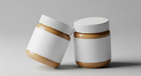 Mockup of two plastic jar with peanut butter. 3d renderingの素材
