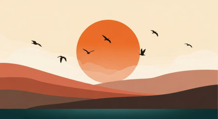 Sunset and seagulls on the lake. Vector illustration.の素材