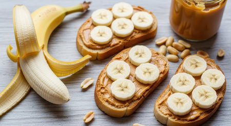 Peanut butter and banana on toast with peanut butter and banana slicesの素材