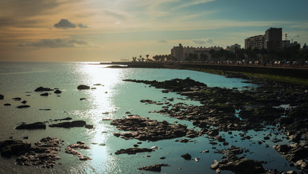 City near the ocean at sunset