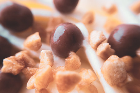 A close up of food. Delicious chocolate ball candies with crushed nutの写真素材