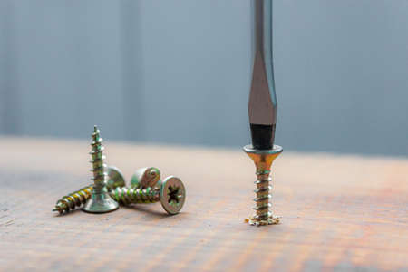 the screw into the wooden board surfaceの写真素材