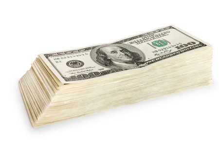 money concept - many dollars banknotes isolated on white