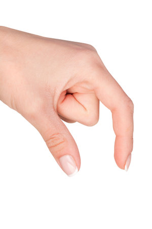 Female hand holding something with two fingers. Isolated on white backgroundの写真素材