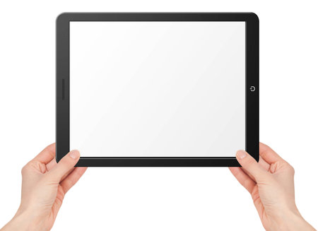 Illustration of modern computer tablet with hands. Isolated on white backgroundの写真素材
