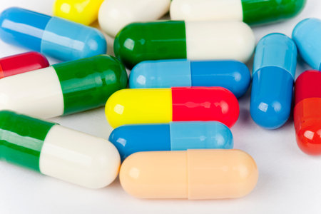 Medicine concept. Several multi colored pills capsulesの写真素材