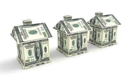 Three houses from the money isolated on white. Business conceptの写真素材