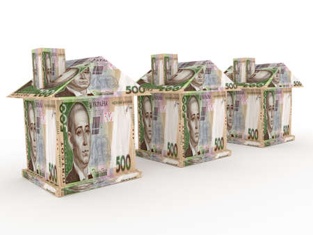 Business concepts. 3 houses from ukrainian money hryvnia. 3d renderの写真素材