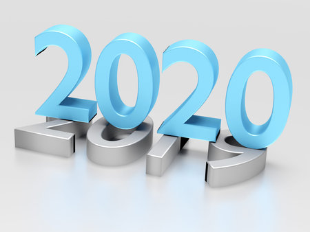 Blue numbers of New Year 2020 over grey old 2019 isolated on white background. 3d render