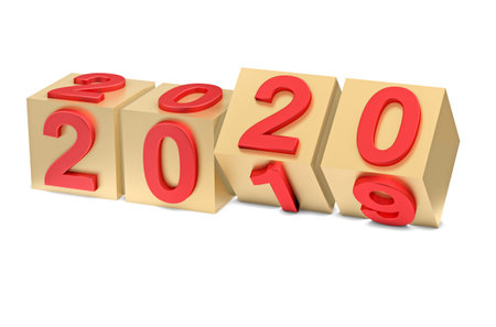 Abstraction of the new year. 2020 number flips on cubes. 3d render