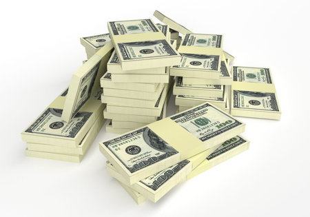 Big money stacks from dollars isolated on white. Business and finance conceptual. 3d render