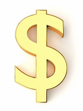 Golden dollar sign isolated on white background with shadow. 3d renderingの写真素材
