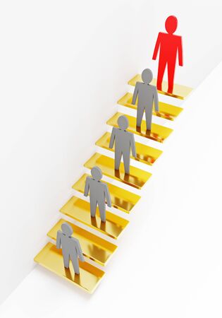 3d people stand on the stairs. On the top step is a red man. Business concepts. 3d renderingの写真素材