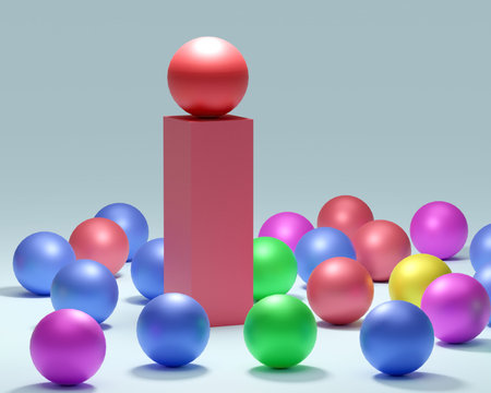 Leadership. Conceptual image of a leader and subordinates. Business teamwork. Colorful balloons. 3d...
