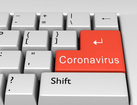 Word Coronavirus written on a computer keyboard. Conceptual image on a computer key Enter. 3d...