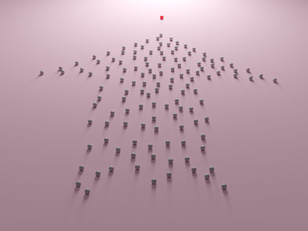 Leadership. Conceptual image of a leader and subordinates. Business teamwork. One red balloon and...
