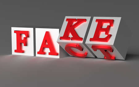 Cubes with letters flip over and the words change from FACT to FAKE. 3d renderingの写真素材