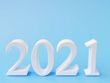 White number 2021 of new year on blue background. 3d renderingの写真素材