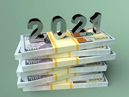 Number of New Year 2021 on money dollars. 3d rendering
