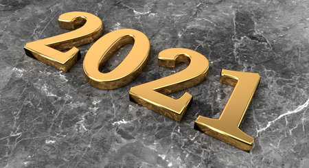 New year concept. Golden number 2021 on marble background. 3d renderingの写真素材