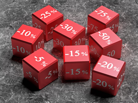 Red cubes with different discounts for sale. Figures with percentages. 3d rendering