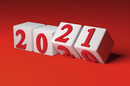 New year concept. Cubes with number 2021 replace 2020 on red background. 3d rendering