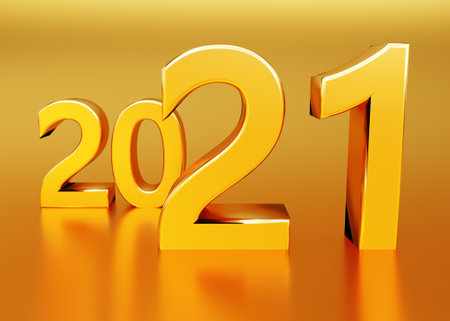 New year concept. Yellow numbers 2021 with reflection. 3d renderingの写真素材
