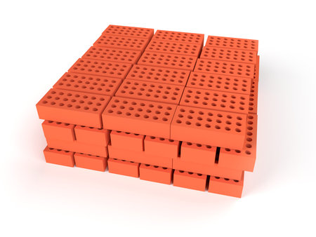 Pallet of bricks isolated on white background. Construction concept. 3d rendering