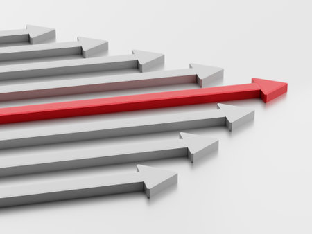 Leadership concept. One red leader arrow leading team forward. 3d renderingの写真素材