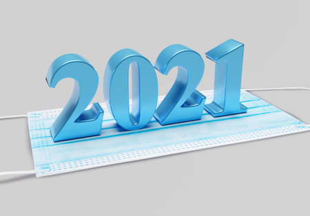 2021 new year numbers lie on medical mask. 3d renderingの写真素材