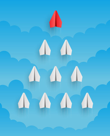 Individual red leader paper plane lead other. Business and leadership conceptのイラスト素材