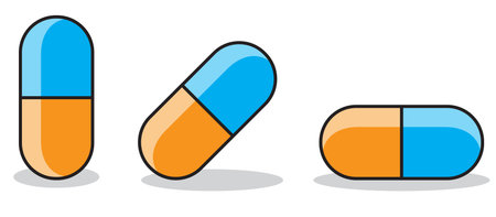 Collection of multicolored capsules pills. Medicine objects. Set of vector illustration