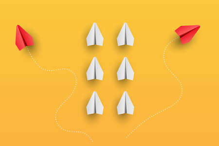 Individuality concept. Individual and unique leader red paper plane flies to the side. Vector illustrationのイラスト素材