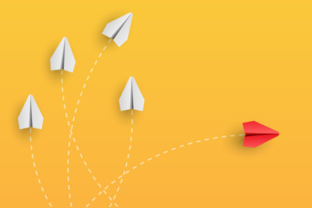 Individuality concept. Individual and unique leader red paper plane flies to the side. Think different. Vector illustrationのイラスト素材