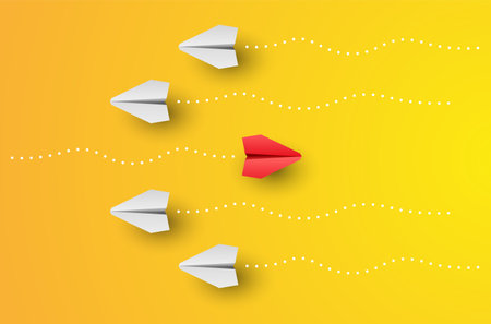 Think different. Individuality concept. Individual and unique leader red paper plane flies to the...