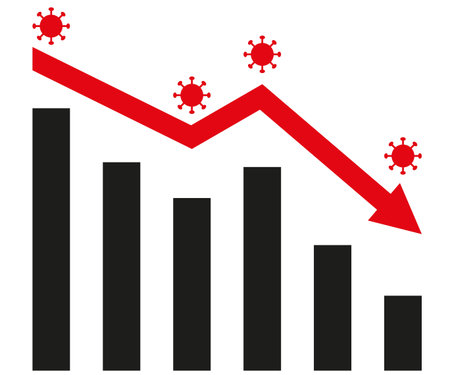 Graph with virus decrease report. Diagram with virus recession and bankruptcy progress. Vector...